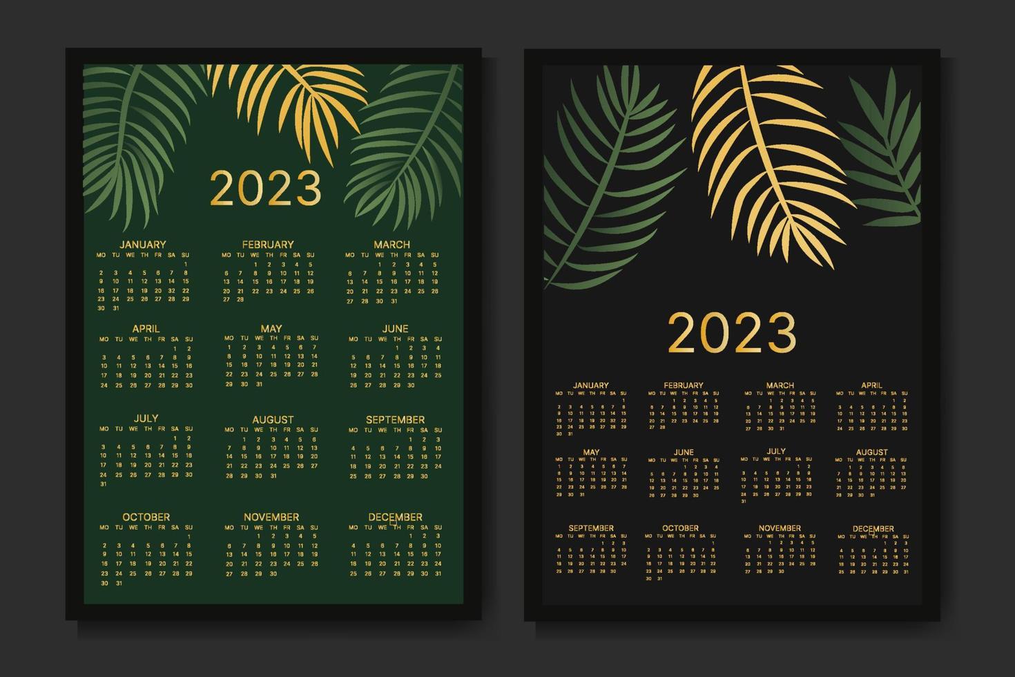 klassisk en gång i månaden kalender för 2023. kalender med handflatan löv, svart och guld Färg. vektor
