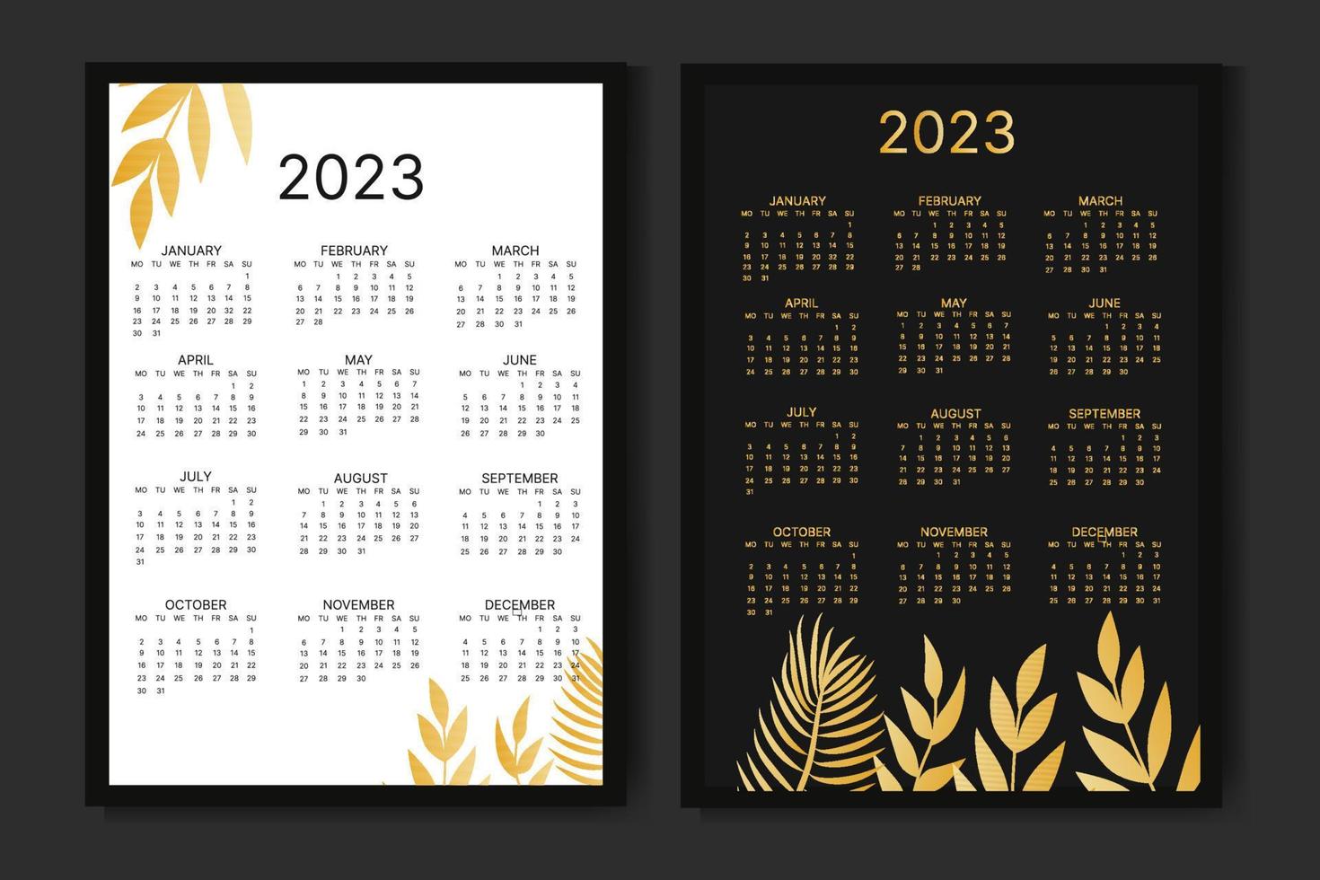 klassischer monatskalender für 2023. kalender mit palmblättern, schwarze und goldene farbe. vektor