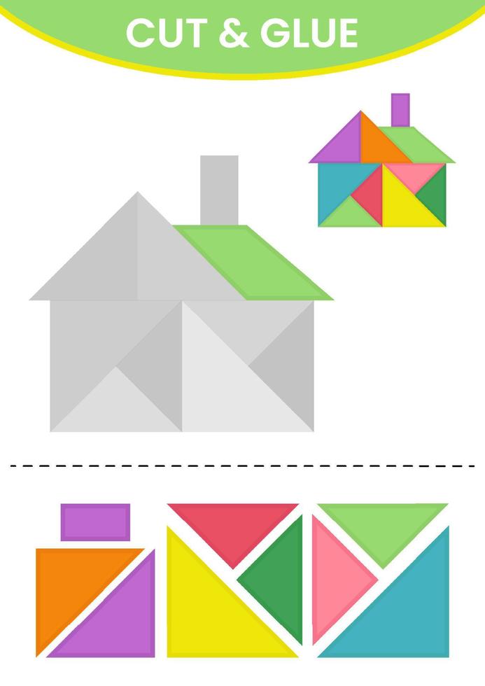 Lernspiel für Kinder Schnitt- und Klebepuzzle geometrische Form druckbares Arbeitsblatt vektor