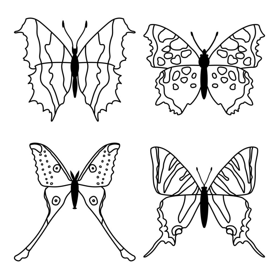vektor uppsättning fjärilar på en vit bakgrund, teckning dekorativ insekt, silhuetter hand dra, isolerat vektor
