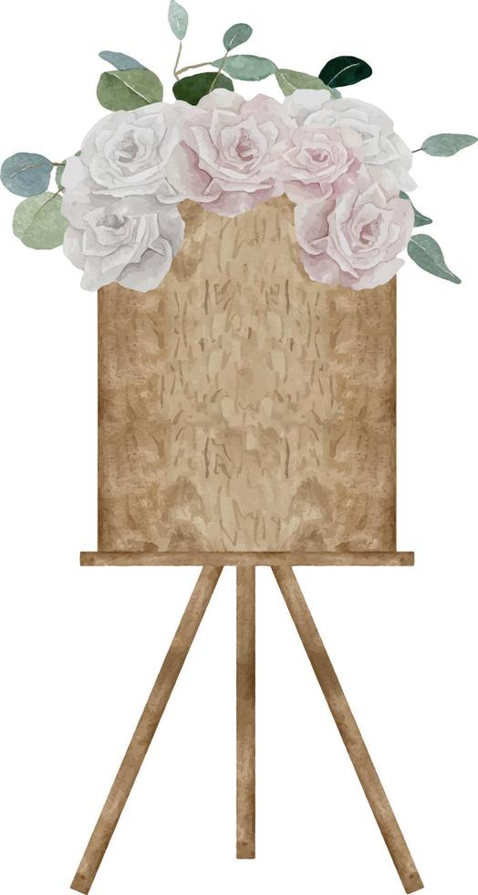 Aquarell vertikales Holz leeres Schild mit Hochzeitskomposition auf der Oberseite mit Rosen und Eukalyptusblättern vektor