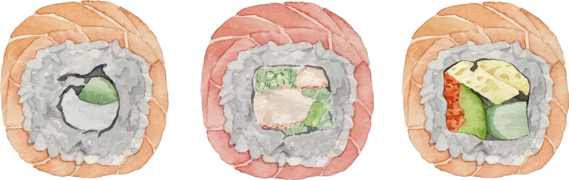 vattenfärg uramaki sushi och rulla med lax och tonfisk topp se på vit bakgrund vektor