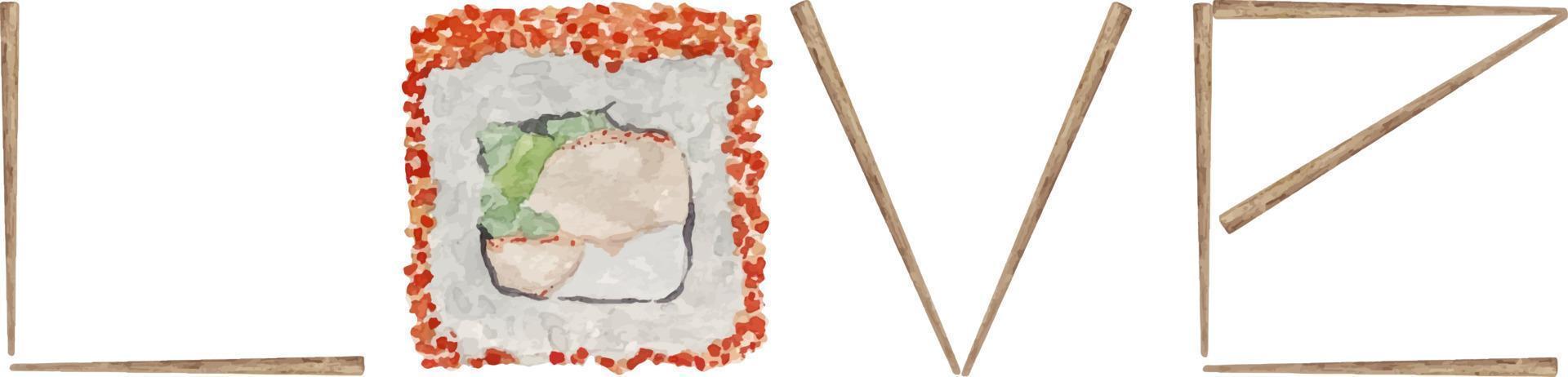 vattenfärg illustration av sushi älskare. värld kärlek med ätpinnar och kalifornien rulla vektor