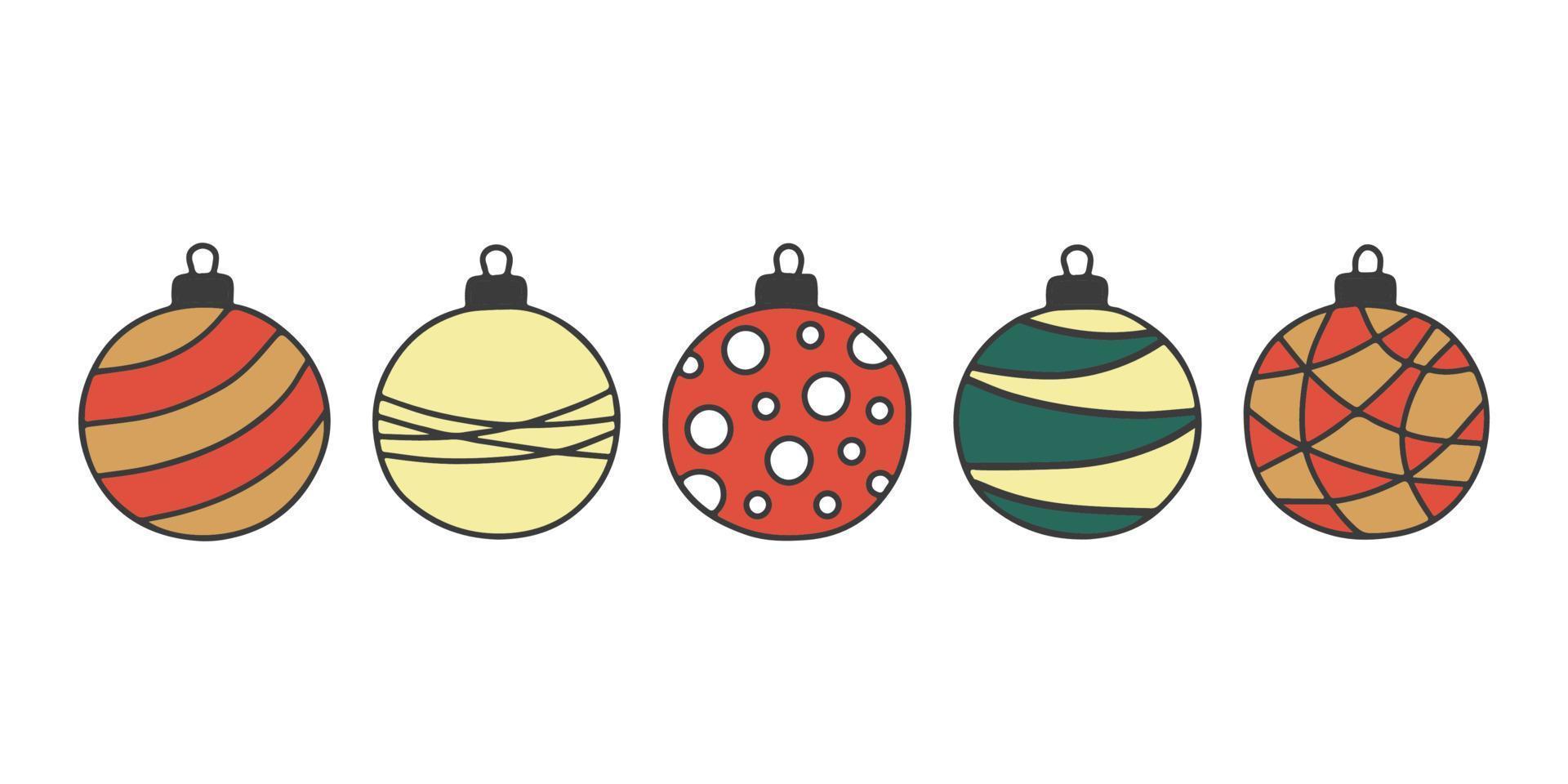 annorlunda jul boll med prydnad, klotter form, hand dra skiss. Färg leksak för jul träd uppsättning. vektor illustration