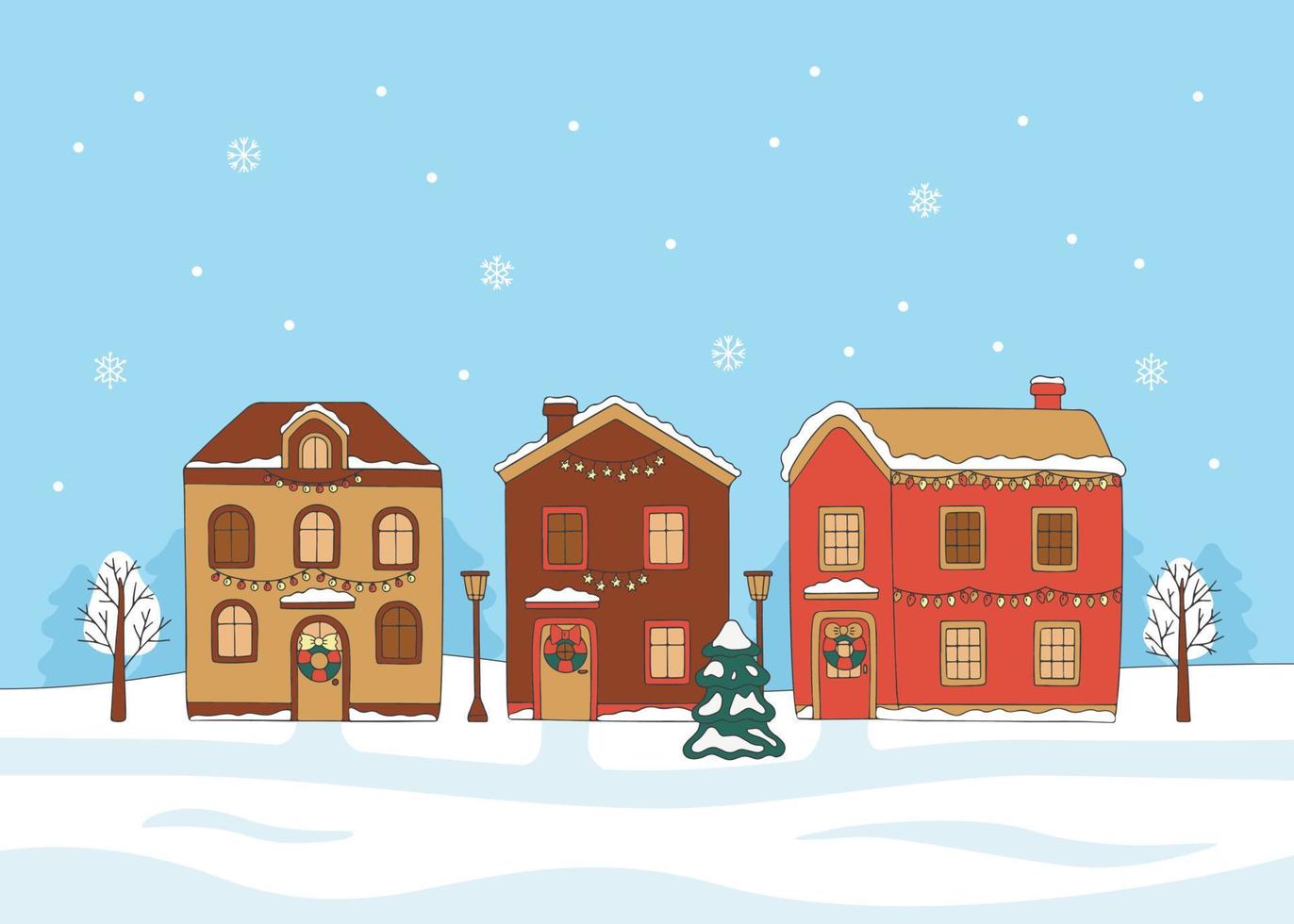 vinter- landskap hus dekorerad krans utanför med gran träd, klotter stil. hand dragen snöig byggnad interiör med gran. vinter- jul Semester och firande. vektor illustration