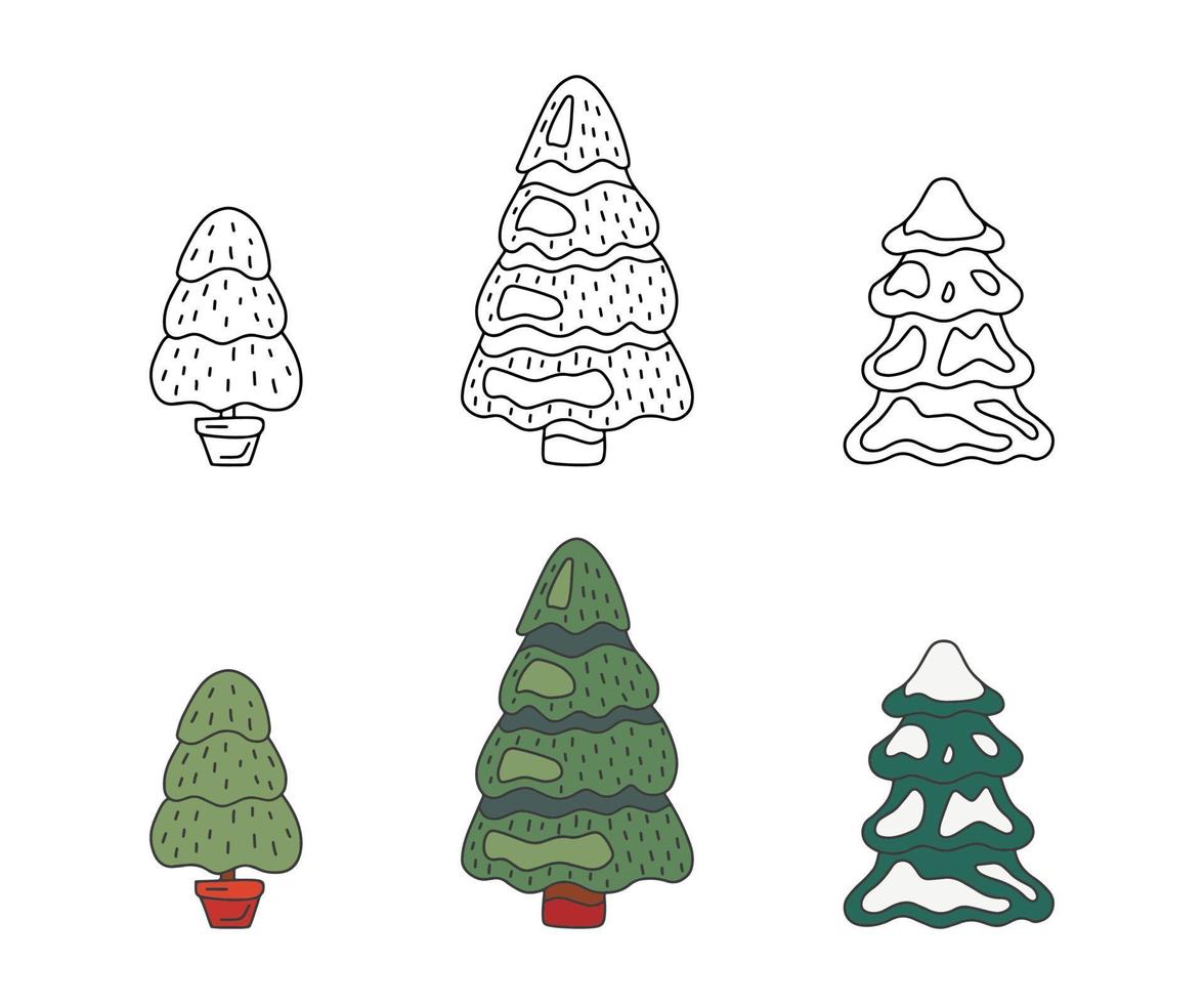 jul tall träd uppsättning, klotter stil. skiss för färg och träd gran grön Färg. vektor illustration