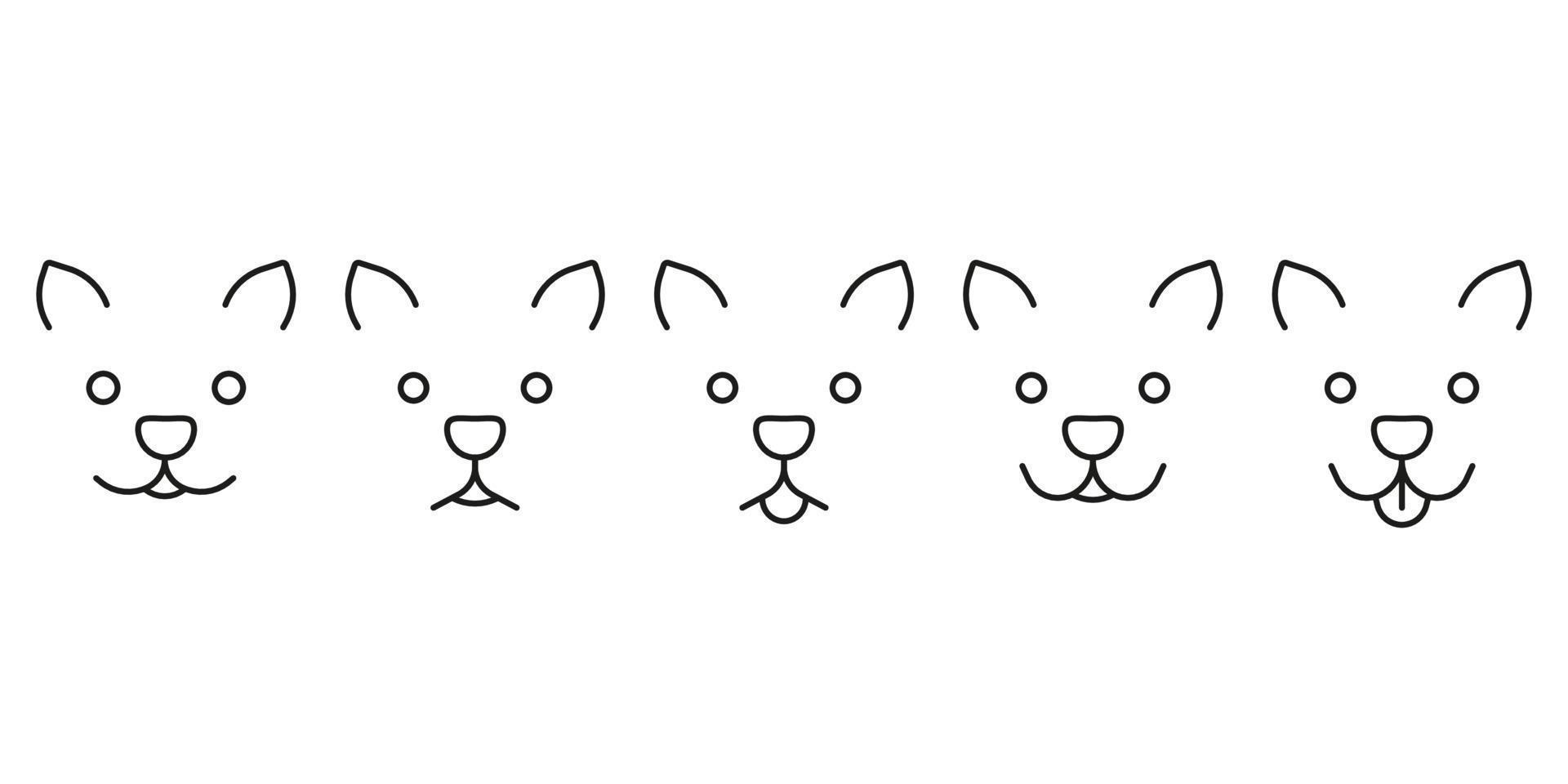 Katzengesichtsset, Haustierkopf mit unterschiedlichen Emotionen, Liniensymbol. Katze ist ruhig, traurig, überrascht, glücklich, lacht mit heraushängender Zunge. Katzengesichtsausdruck durch Ohr, Auge, Mund und Nase. Vektorzeichen vektor