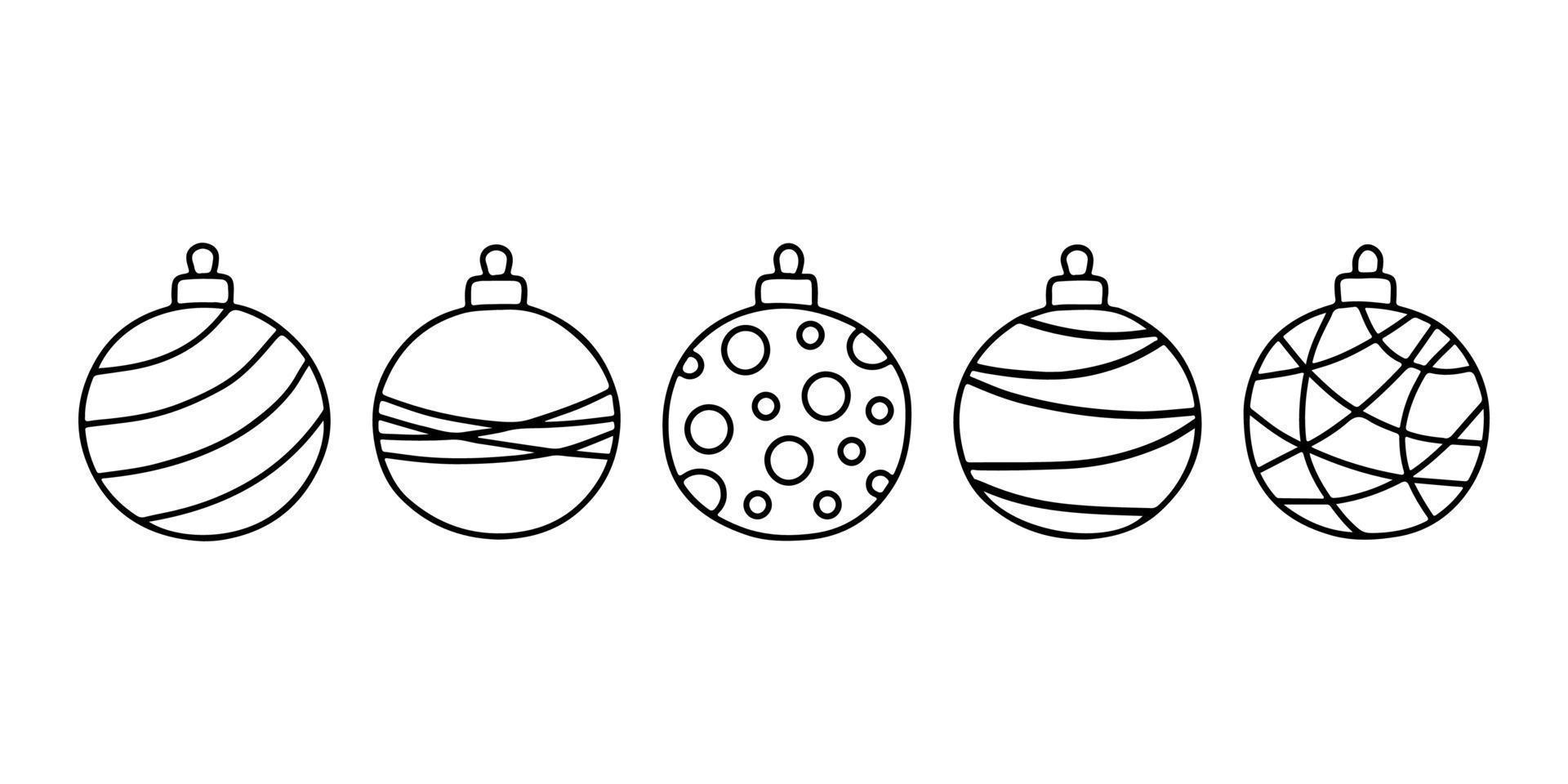 verschiedene kreisweihnachtskugel mit verzierung, gekritzelform, handzeichnungslinienskizze. Spielzeug für Weihnachtsbaum-Set. Vektor-Illustration vektor