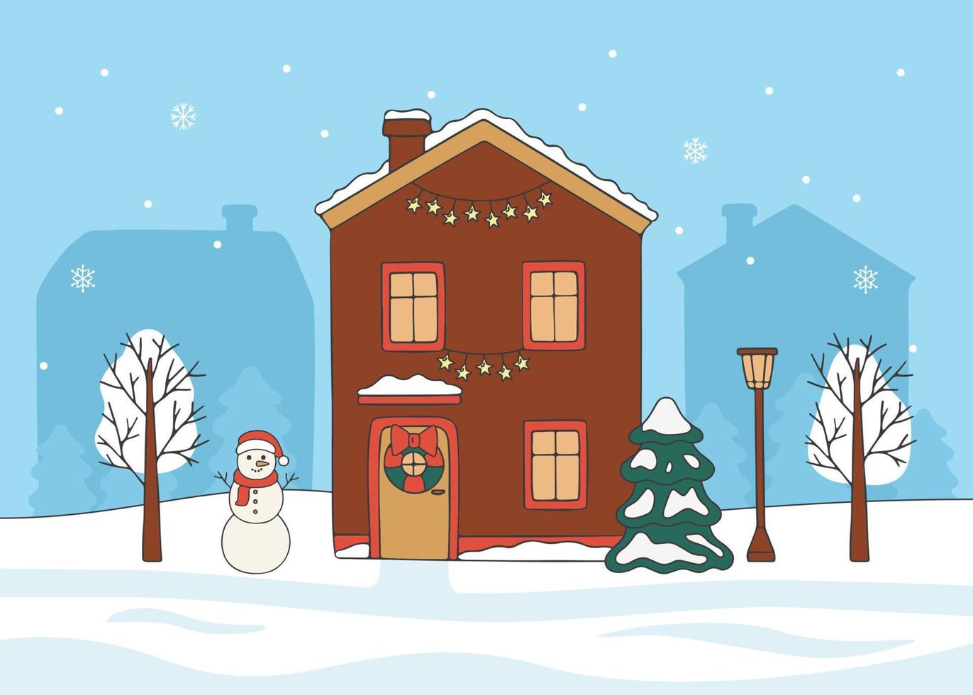 vinter- landskap hus dekorerad krans utanför med gran träd, klotter stil. hand dragen snöig byggnad interiör med snögubbe och gran. vinter- Semester och firande. vektor illustration