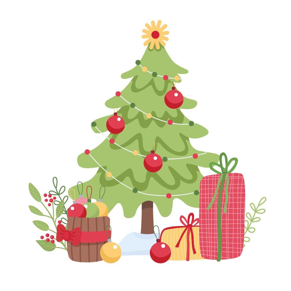 weihnachtsbaum verziert mit goldener sternengirlande, geschenkboxen. flache vektorillustration lokalisiert auf weiß. ideal für neujahrs- und weihnachtsgrußkarten. Winterdesign. grüne, rote und gelbe Farben vektor