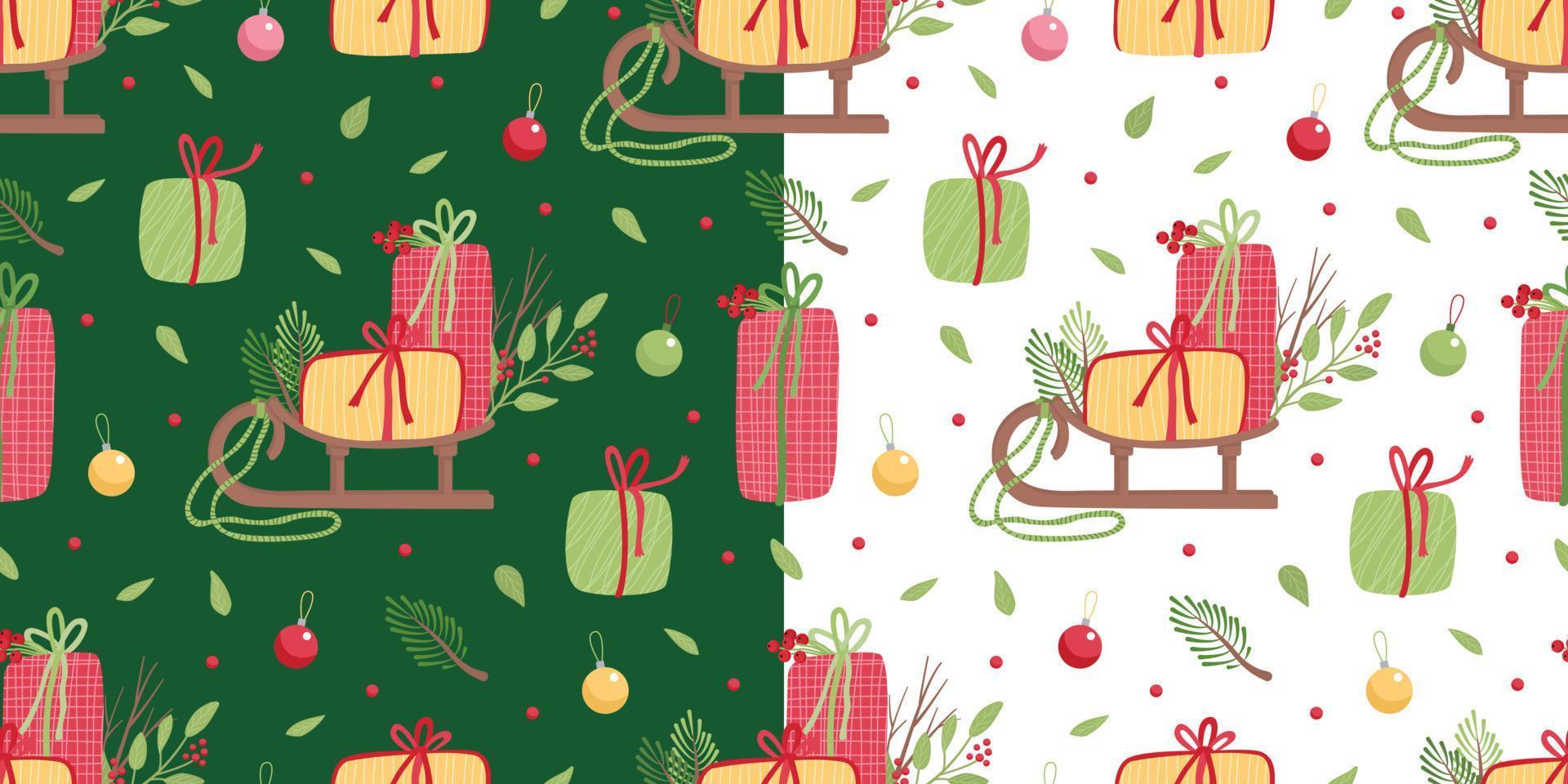 zwei nahtlose Muster mit Weihnachtskugeln und Geschenkboxen auf weißem und grünem Hintergrund. flache vektorillustration. ideal für Stoffe, Geschenkpapier, Grußkarten. vektor
