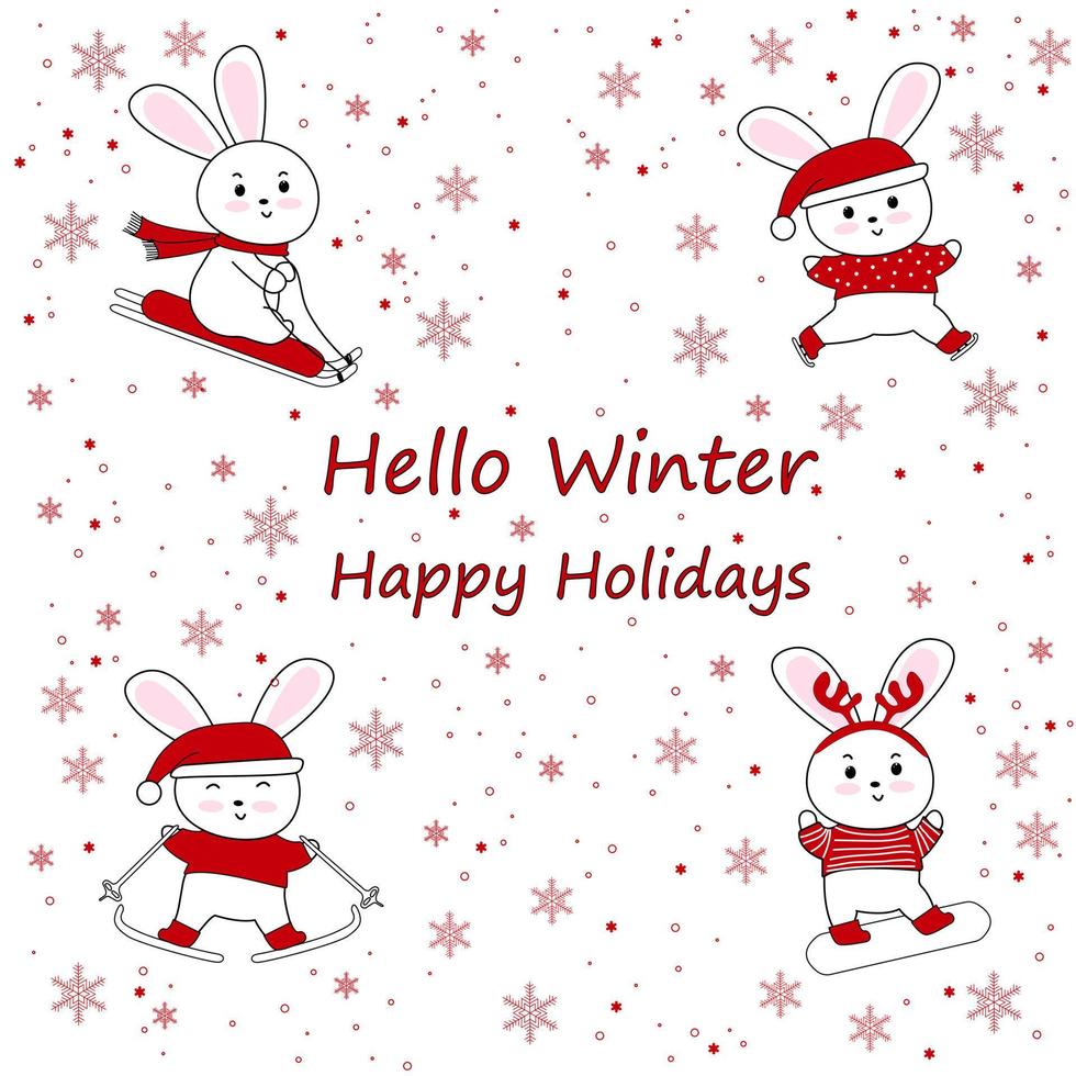 süße weiße kaninchen mit wintersport. grußkarte. hallo winter und frohe feiertage text. neujahrssymbol 2023.winterillustration vektor