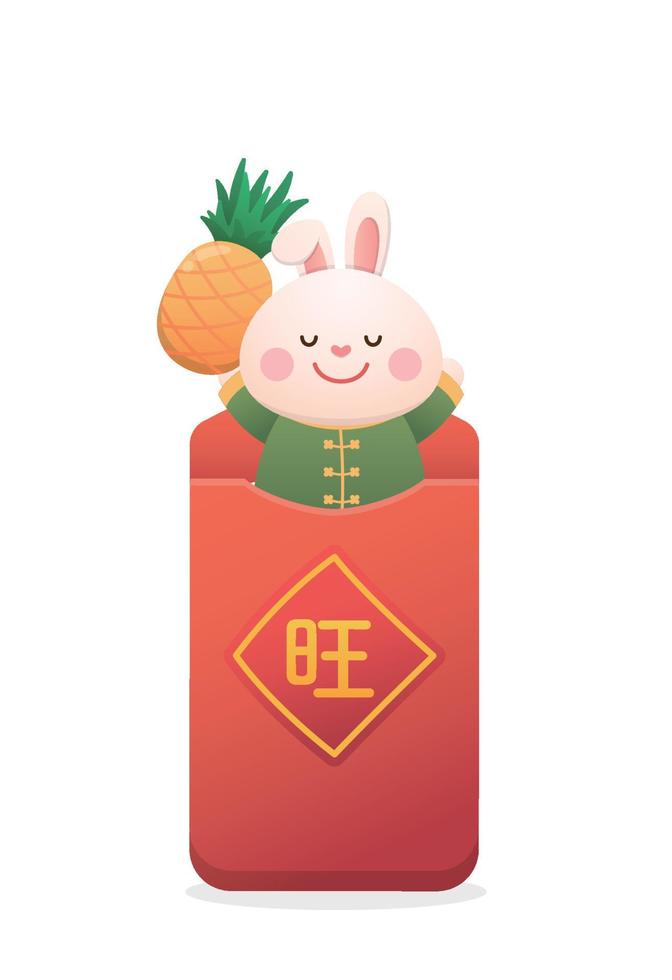 plakat für chinesisches neujahr, niedlicher kaninchencharakter oder maskottchen mit roter papiertüte oder rotem umschlag mit ananas vektor