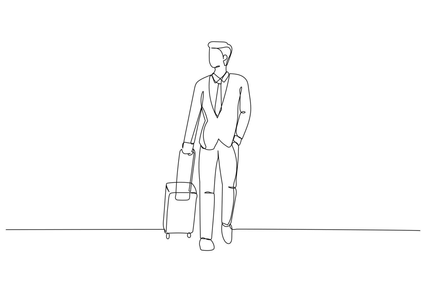Illustration eines Geschäftsmannes, der mit einem Koffer in einer leeren Flughafenhalle spazieren geht. Einzeiliger Kunststil vektor