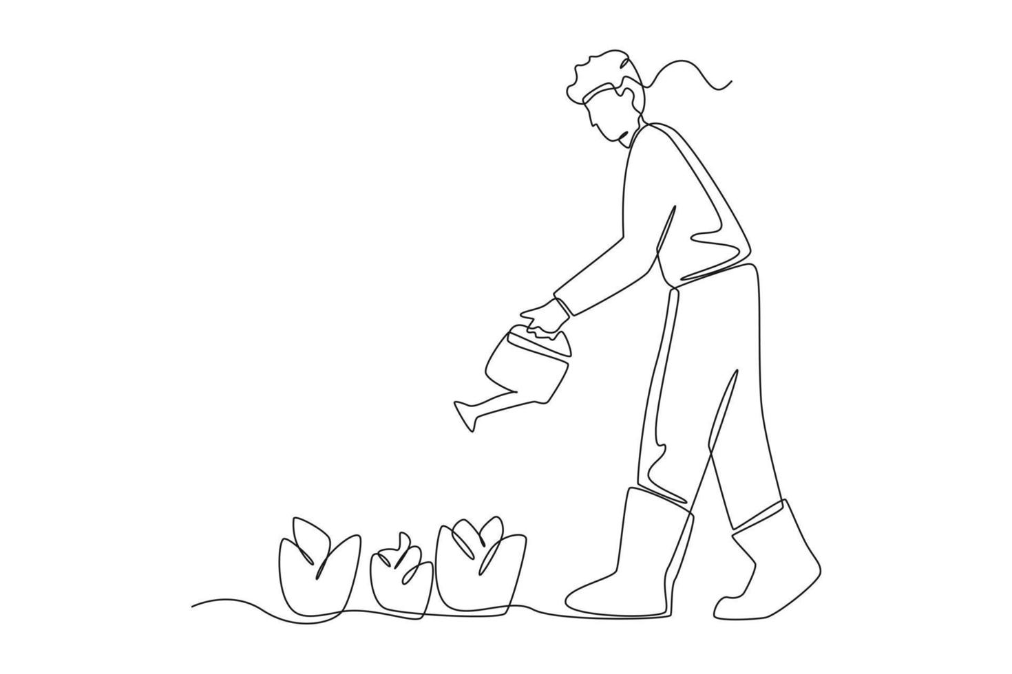 kontinuierliche einzeilige zeichnung mann farmer, der pflanzen im garten wässert. Landwirtschaftskonzept. einzeiliges zeichnen design vektorgrafik illustration. vektor