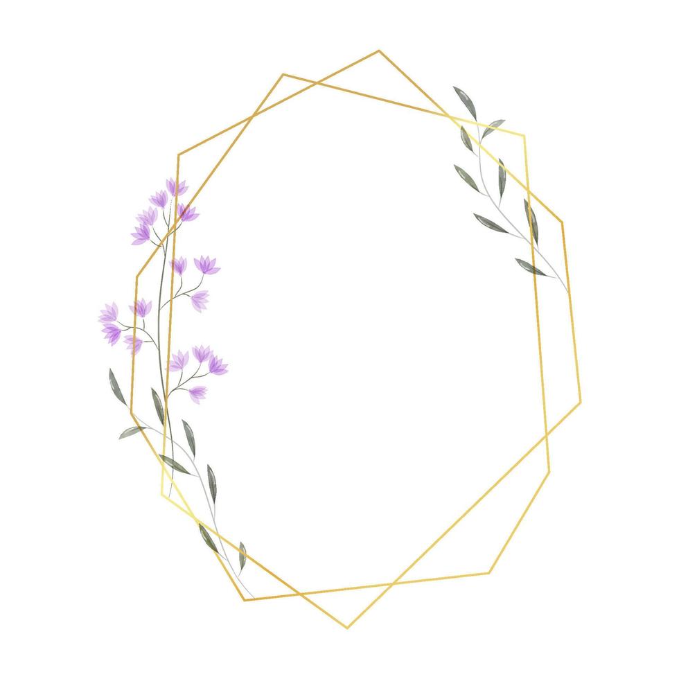 guld geometrisk ram med blommor och löv i vattenfärg stil. lyx polygonal ram för dekoration hjärtans dag, bröllop inbjudningar, hälsning kort. vektor
