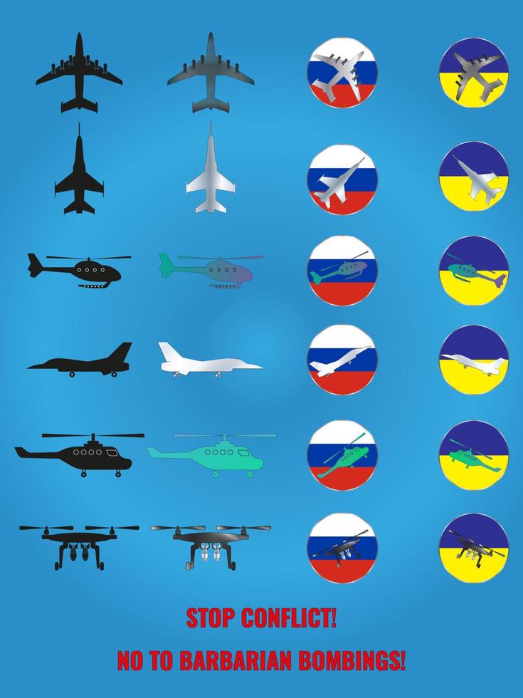 en uppsättning av ikoner av militär flygplan, helikoptrar och drönare, målad i de färger av de flaggor av ryssland och ukraina. de inskrift sluta konflikt Nej till barbar bombningar vektor illustration