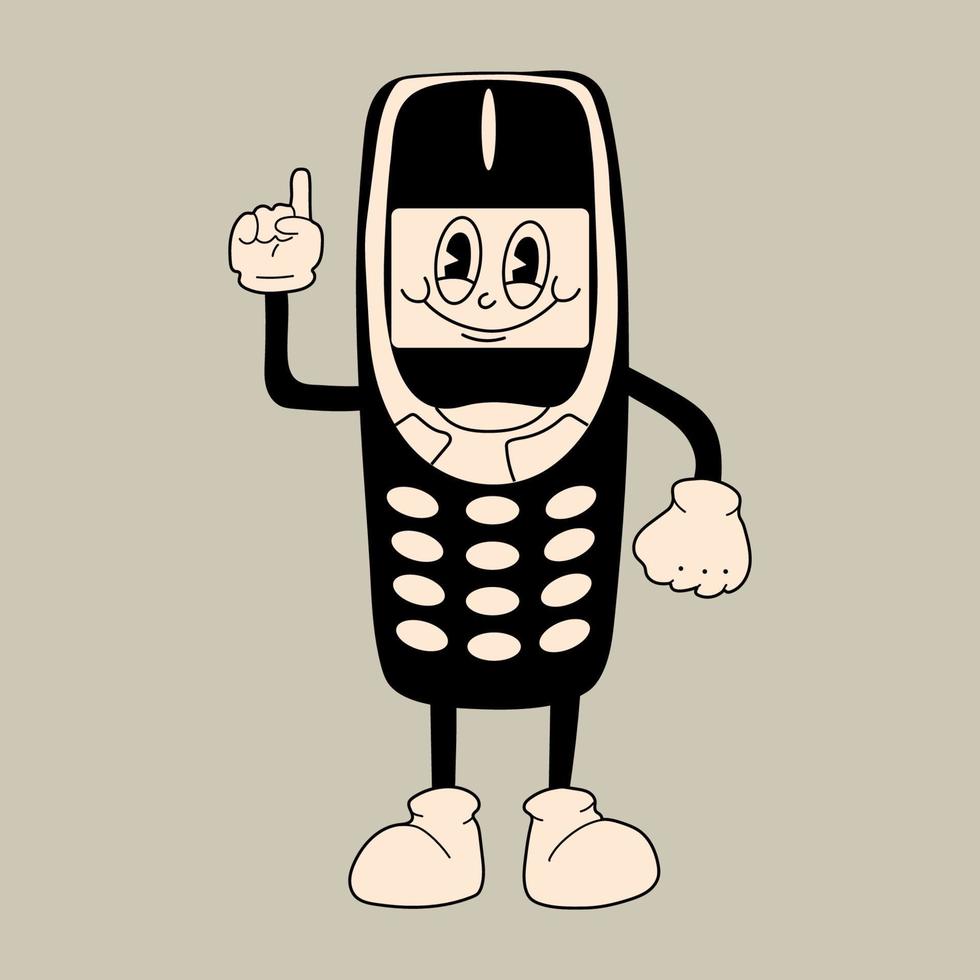 altes Handy. süße Zeichentrickfigur mit Händen, Beinen, Augen. Retro-Comic-Stil. hand gezeichnete isolierte vektorillustration. Druck, Logo-Vorlage vektor