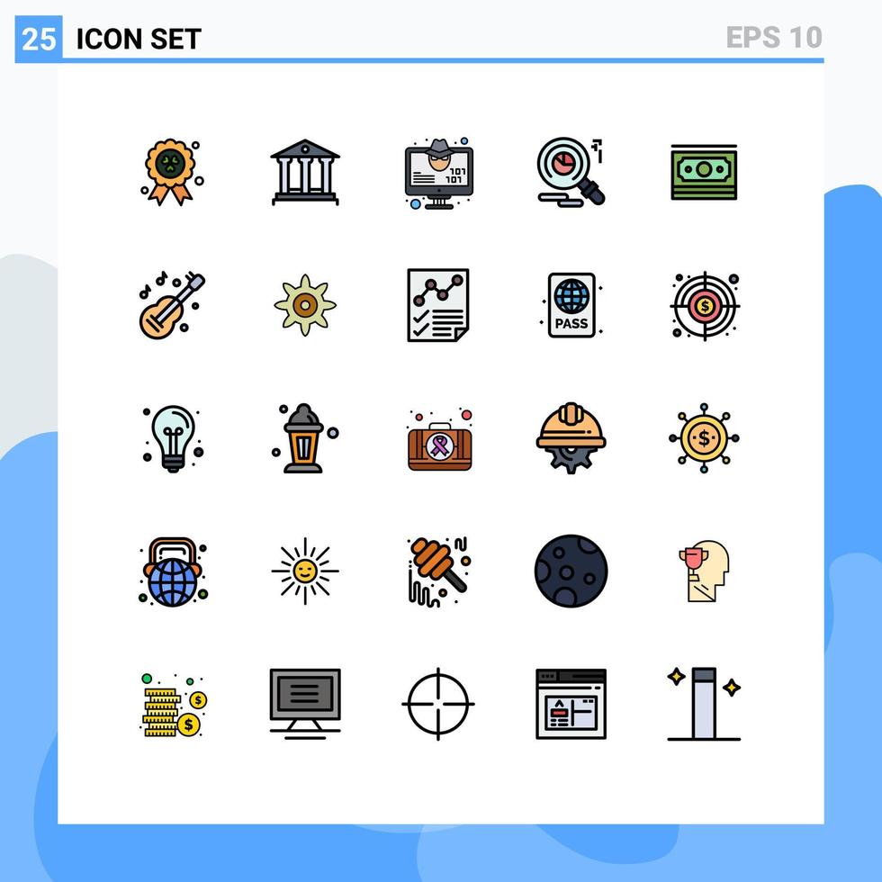 uppsättning av 25 kommersiell fylld linje platt färger packa för motivering dollar hacker kontanter faind redigerbar vektor design element