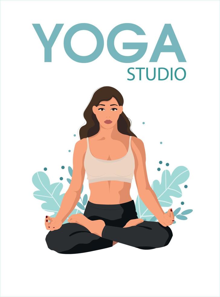 Yoga Vorteile für die Gesundheit von Körper, Geist und Emotionen. hübsche junge Frau in Lotus-Pose, Vektorgrafik. vektor