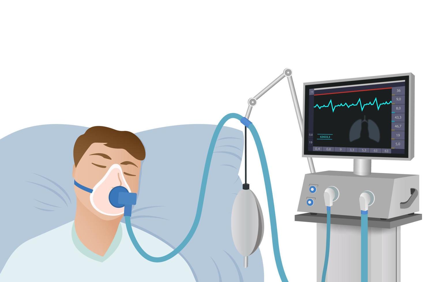 Der Patient liegt mit einer Sauerstoffmaske an einem Beatmungsgerät in kritischem Zustand auf einem Krankenhausbett. notärztliche Versorgung. Wiederbelebung von Patienten vektor