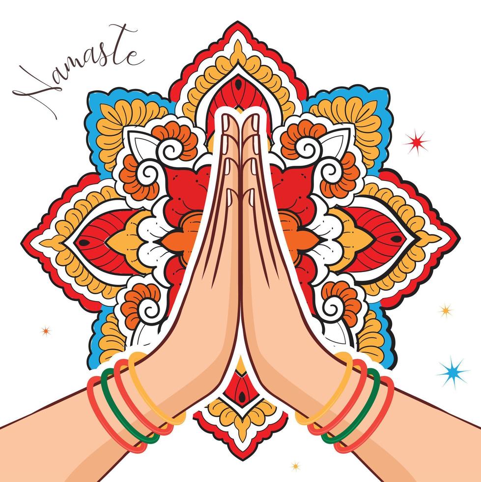 illustration von karma dargestellt mit namaste, indische frauenhandgrußhaltung von namaste mit mandala-design-vektorillustration vektor