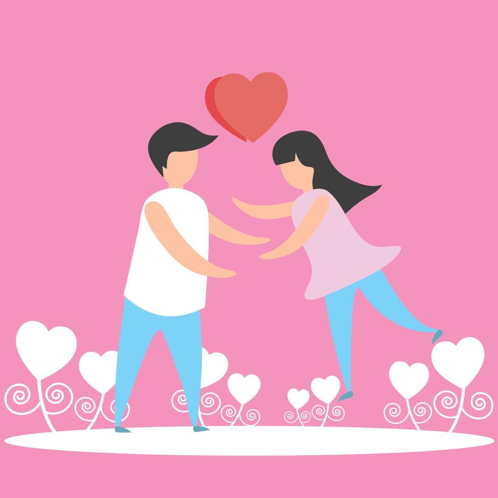 Fröhliches schönes Paar springt, um sich mit Liebesherzen für den Valentinstag oder das Liebeskonzept zu umarmen. dekoration für liebesdesign für rosa hintergrund des valentinstagfestivals. Vektor-Illustration Papierkunst Liebesstil. vektor