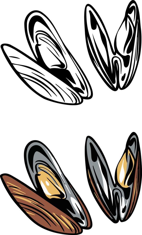 kokta musslor med örter på tallrik illustration. skaldjur och skaldjur restaurang design element. hand dragen musslor skiss isolerat på årgång bakgrund. för meny, recept, logotyper, flygblad, inbjudan. vektor