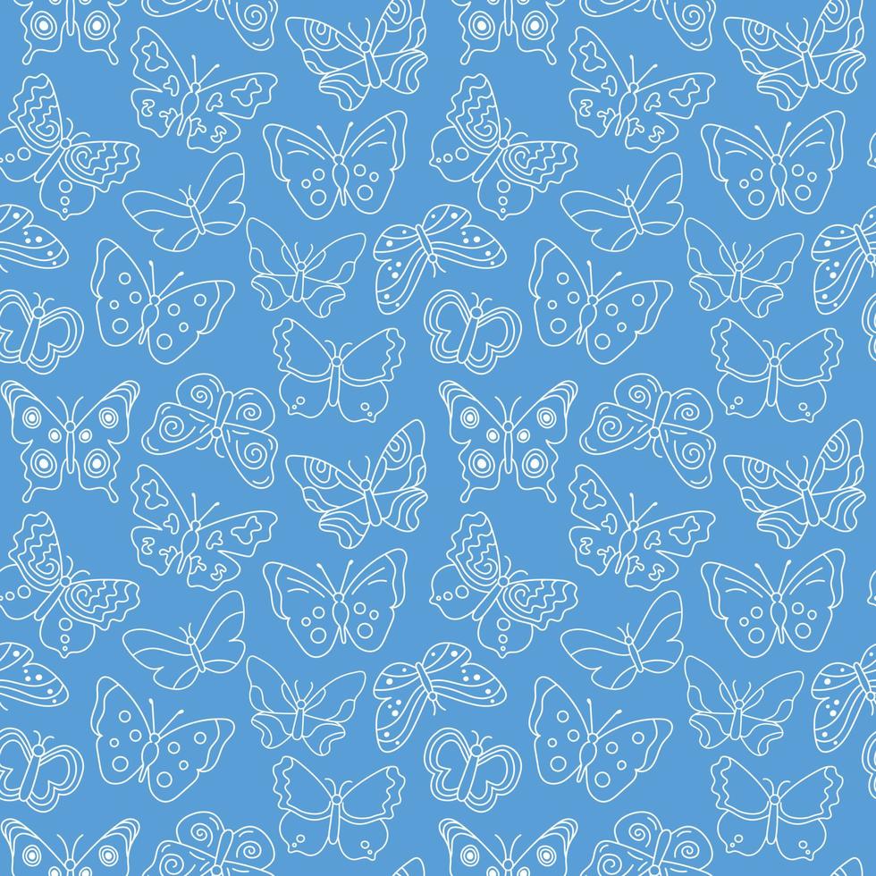 söt fjäril mönster. blå sömlös bakgrund med vit klotter flygande insekter. svartvit skriva ut. vektor upprepa illustration för mönster, textil, tyg, omslag papper