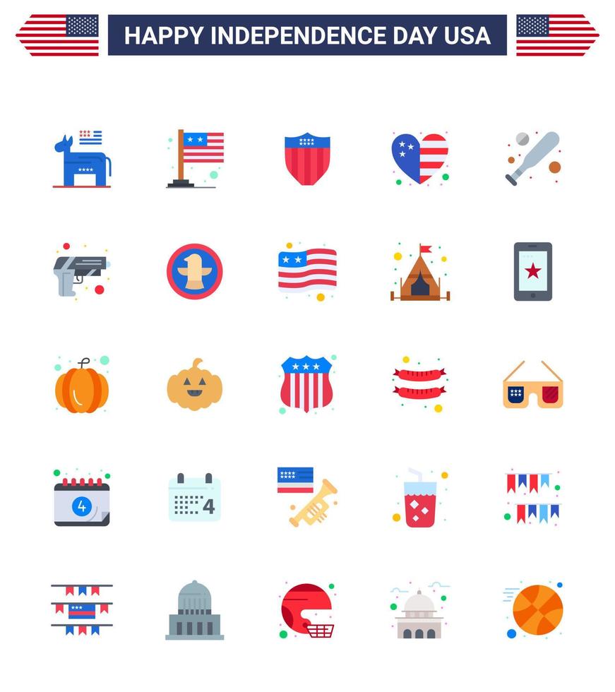 Lycklig oberoende dag 4:e juli uppsättning av 25 flats amerikan pictograph av fladdermus USA amerikan flagga hjärta redigerbar USA dag vektor design element