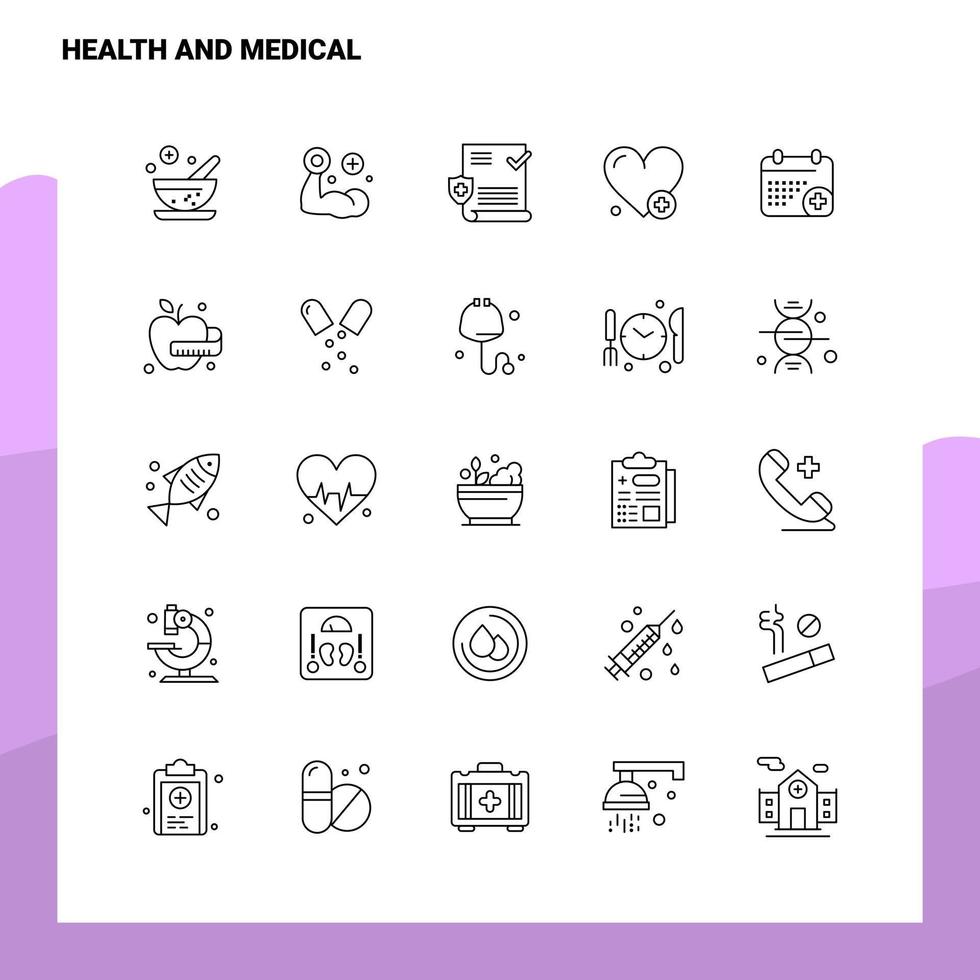 Satz von Symbolen für Gesundheit und medizinische Linie Set 25 Symbole Vektor Minimalismus Stil Design schwarze Symbole Set lineares Piktogrammpaket