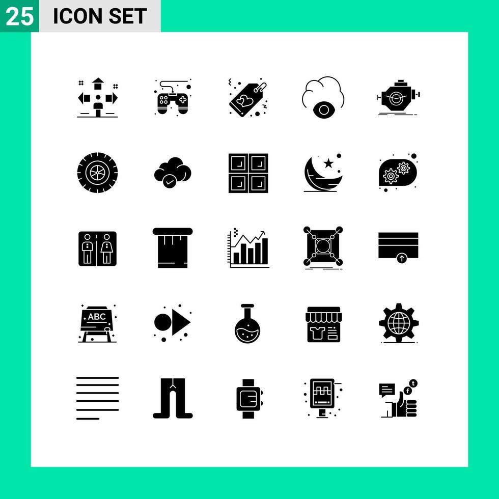 Packung mit 25 kreativen soliden Glyphen von Maschinenmotor-Herz-Gott-Wolke editierbare Vektordesign-Elemente vektor