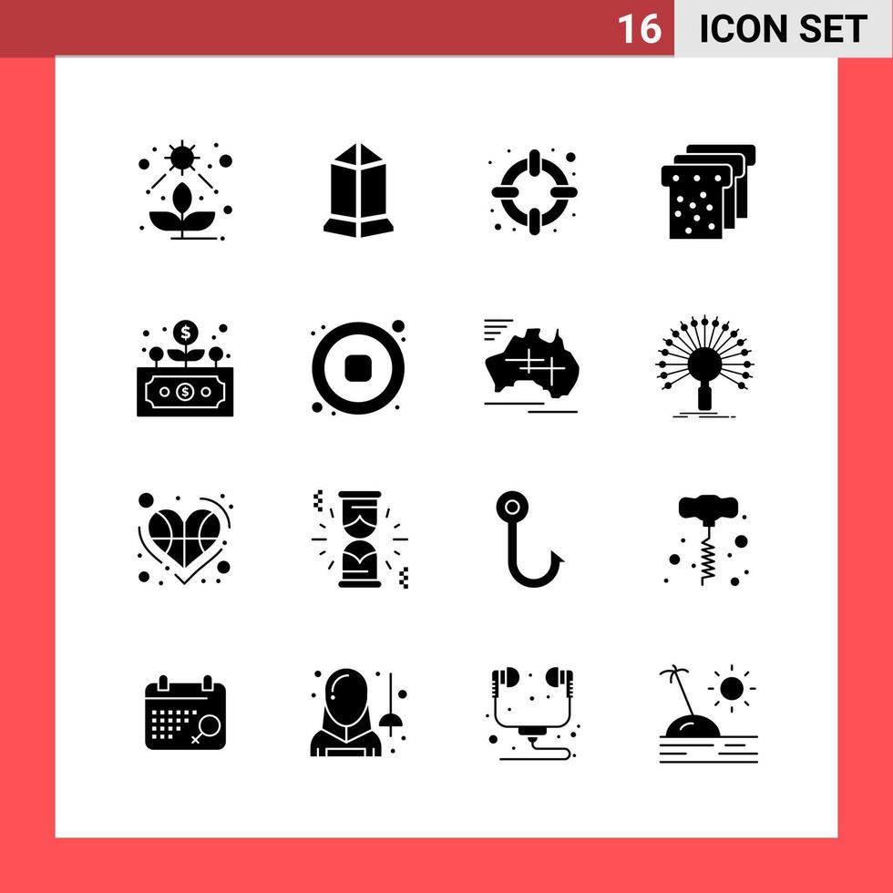 16 Icon-Pack-Glyphensymbole im soliden Stil auf weißem Hintergrund, einfache Zeichen für die allgemeine Gestaltung vektor