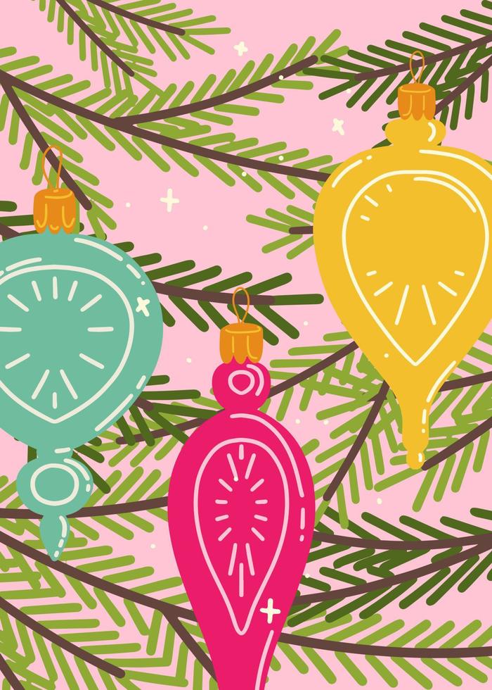 flerfärgad jul leksaker hänga på de jul träd. närbild illustration. de traditionell bearbeta av dekorera en jul träd. vektor illustration för vykort, banderoller och inbjudningar.