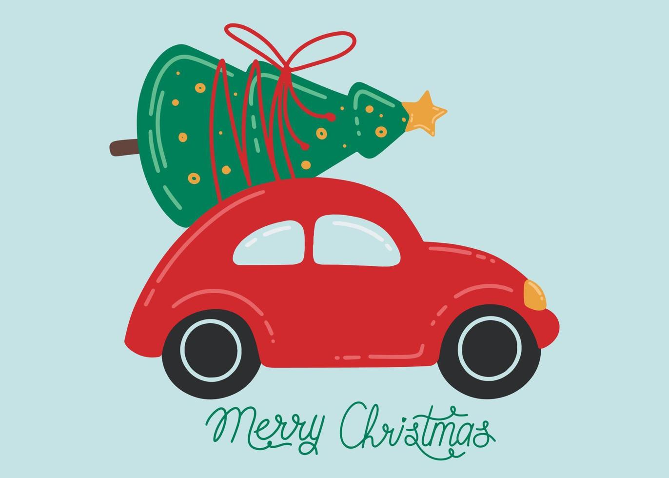 ein rotes auto, das einen weihnachtsbaum trägt. Urlaubskartendesign. Weihnachtskarte. bunte vektorwinterillustration. Abbildung des neuen Jahres. vektor