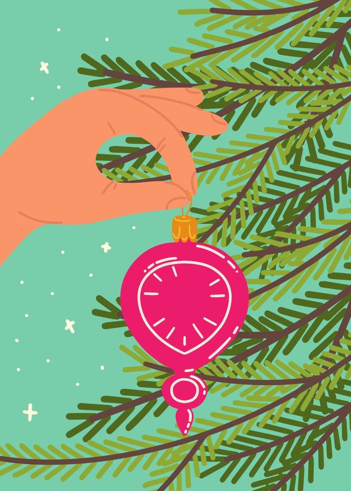 eine hand mit einem weihnachtsspielzeug schmückt den weihnachtsbaum. Abbildung mit Tannenzweigen. künstlerische vektorillustration für postkarten, banner und druck. fröhlicher Feiertagshintergrund. vektor