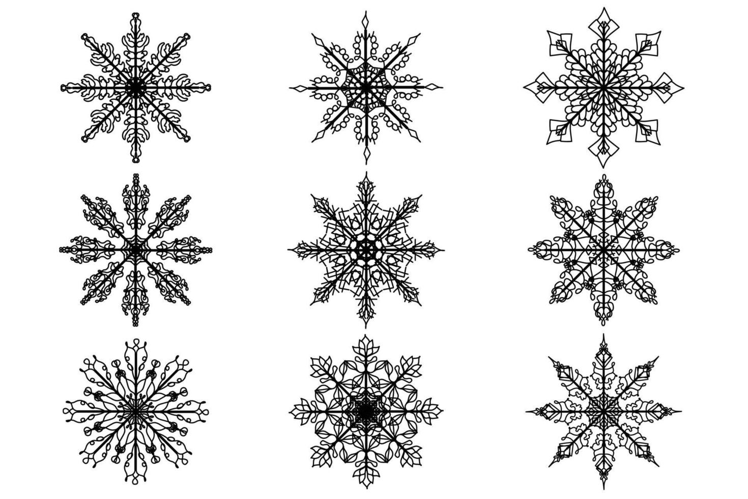 das bild zeigt verschiedene schneeflocken in schwarzer umrandung, bestimmt für neujahr, postkarten, kleidungs- und stoffdruck und andere anlässe vektor