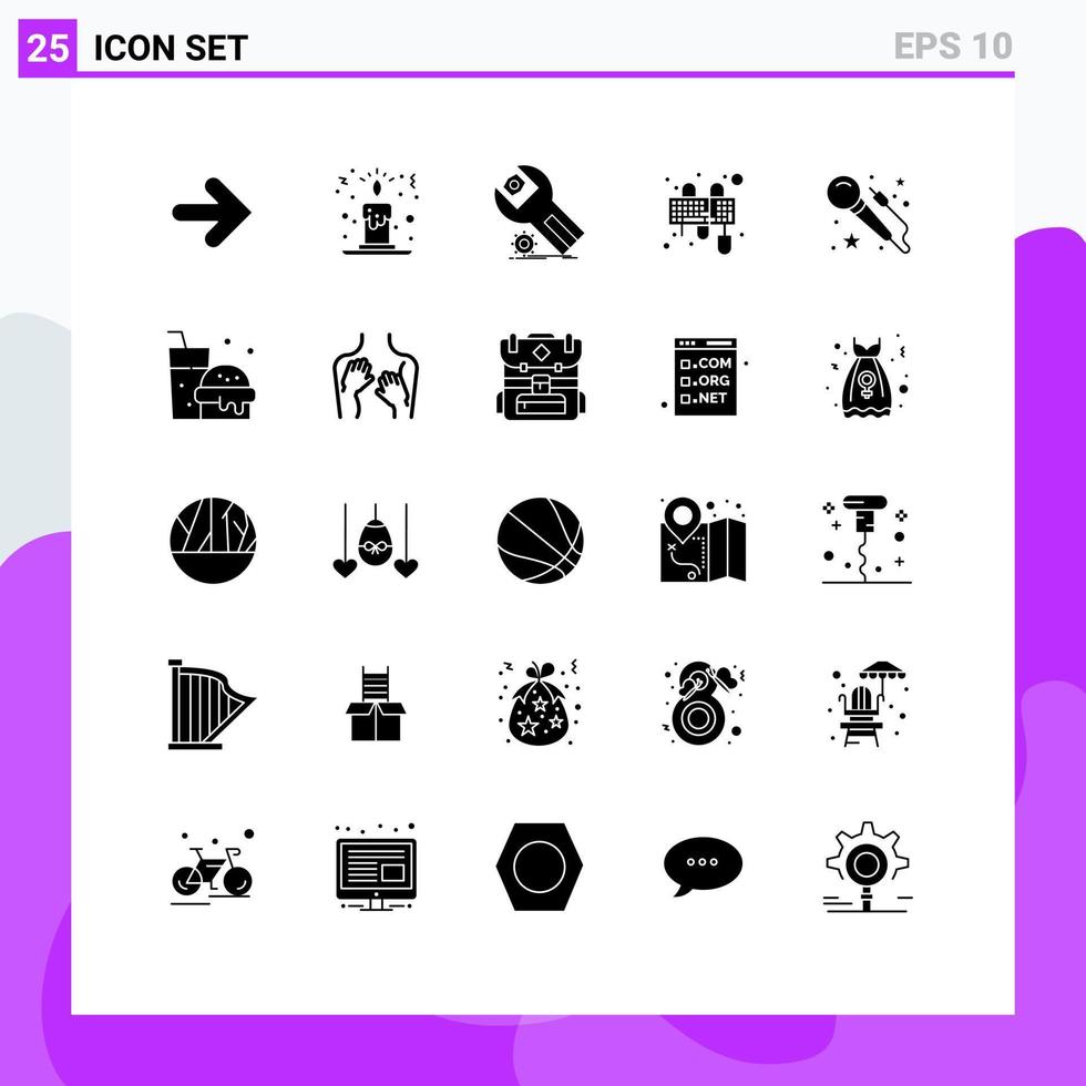 Satz von 25 Vektor-Solid-Glyphen auf Raster für Mikrofon-Maus-App-Tastatureingabe editierbare Vektordesign-Elemente vektor