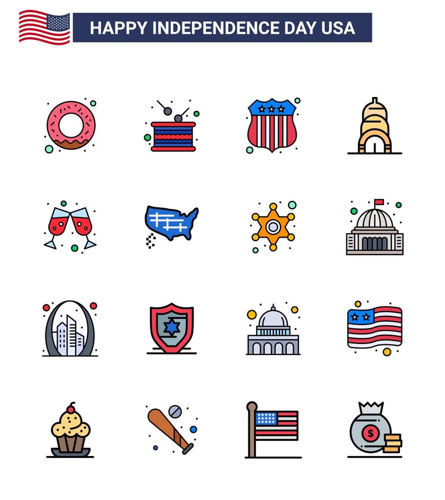 USA Lycklig oberoende dag piktogram uppsättning av 16 enkel platt fylld rader av Karta vin bricka öl byggnad redigerbar USA dag vektor design element
