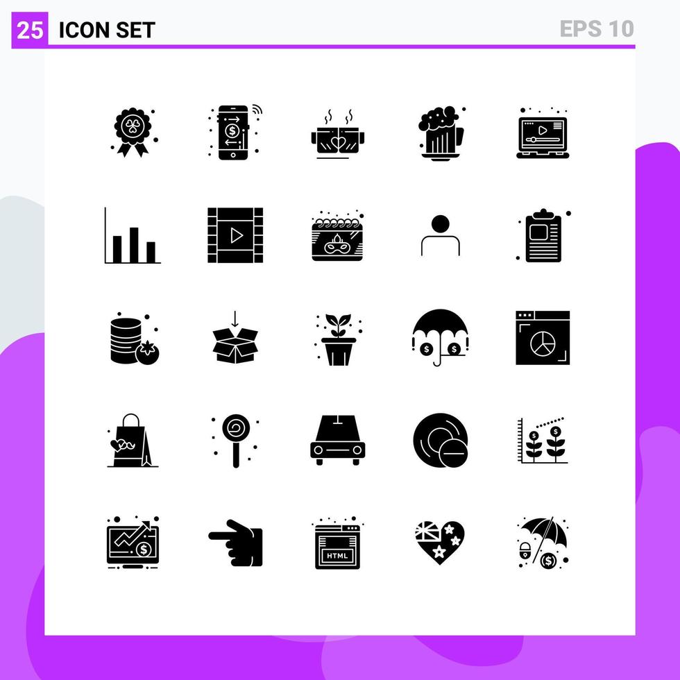 modern uppsättning av 25 fast glyfer pictograph av video media kärlek firande öl redigerbar vektor design element