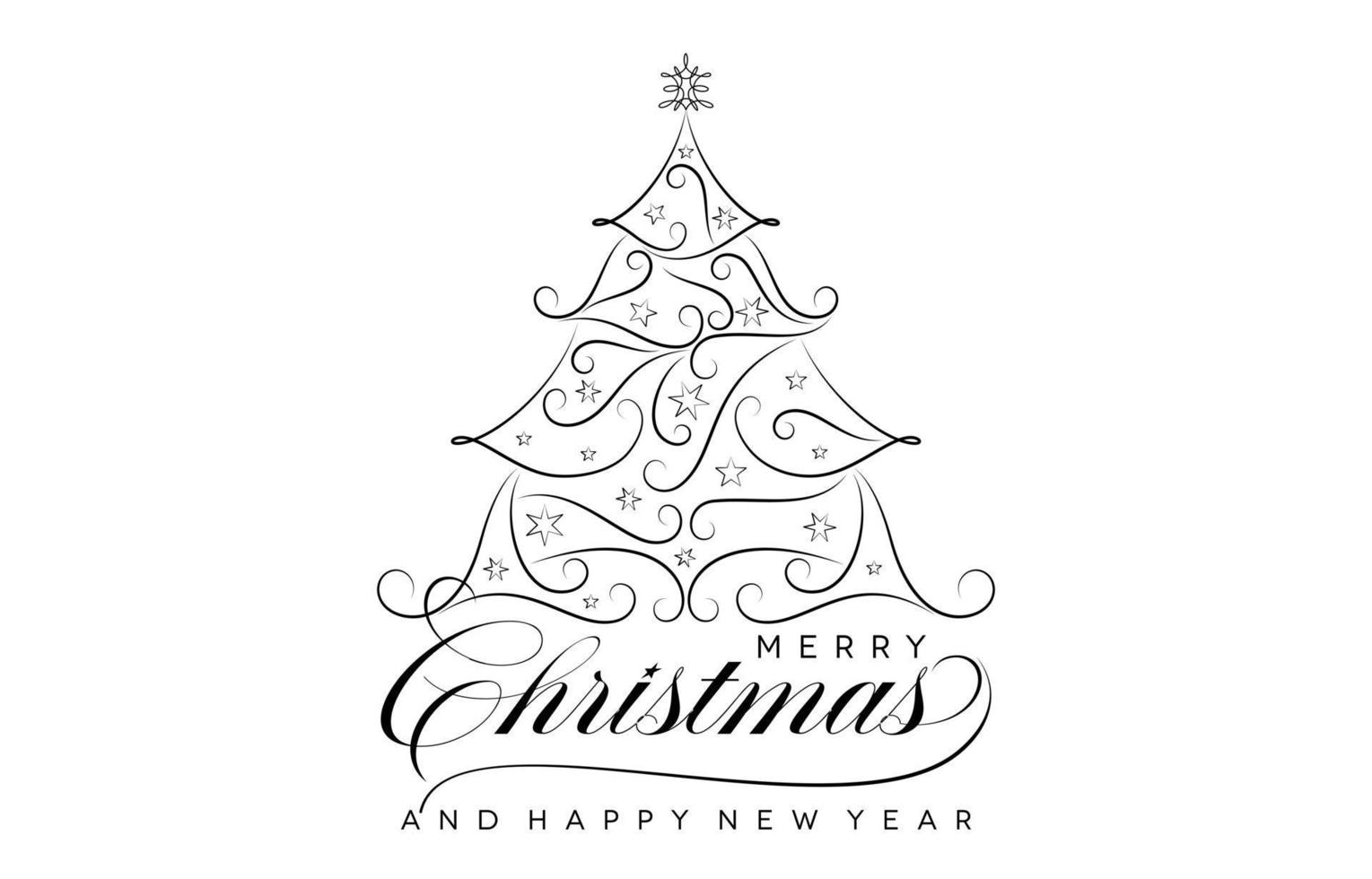 glad jul och Lycklig ny år svartvit design, monoline glad jul träd prydnad, hand dragen text font för hälsning kort, baner, flygblad, skärm utskrift med minimalistisk mall vektor