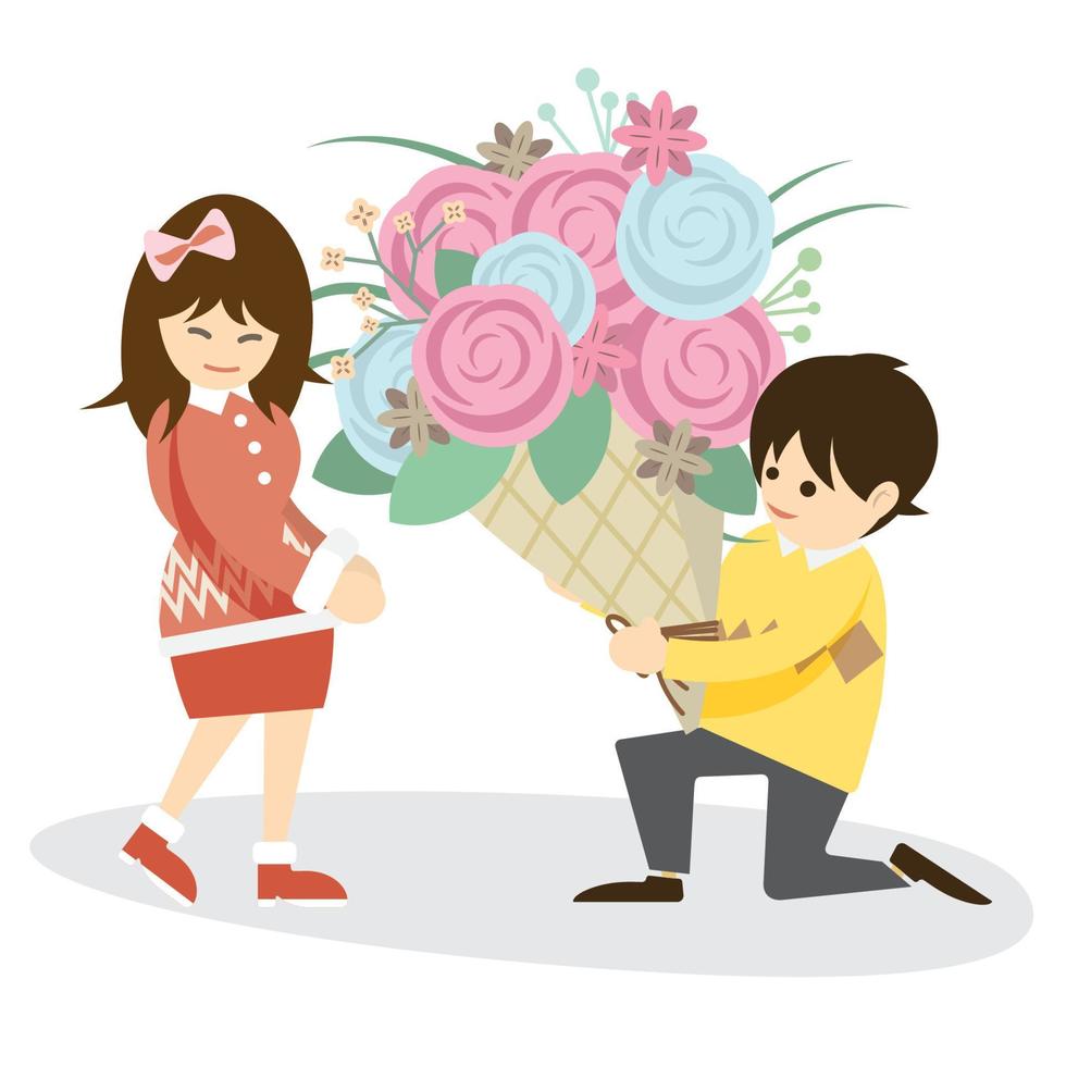 Illustration eines Mannes, der seiner Freundin einen großen Blumenstrauß gibt. Vektorzeichen Verliebtes Paar mit großem Blumenstrauß. vektor