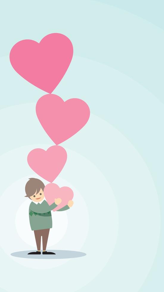 illustration av man bärande abstrakt stor hjärta som en gåva på ljus blå vertikal bakgrund och ha tom Plats för annons lydelse. hjärtans dag hälsning kort mall. vektor