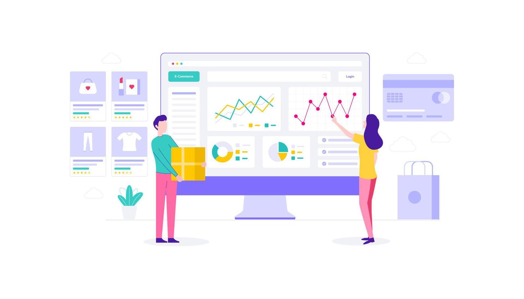 e-handel kvinna och man med data analytisk på instrumentbräda. platt vektor illustration