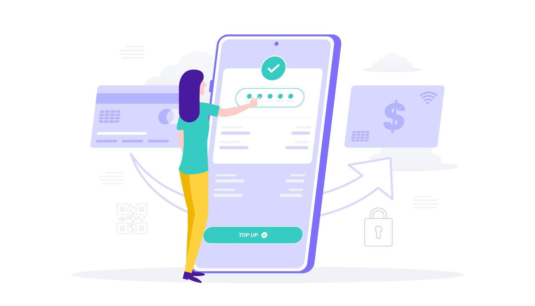 kvinna topp upp e-plånbok mobil app kreditera kort betalning begrepp lämplig för användare gränssnitt, ui, ux, webb, mobil, baner och infografik. vektor