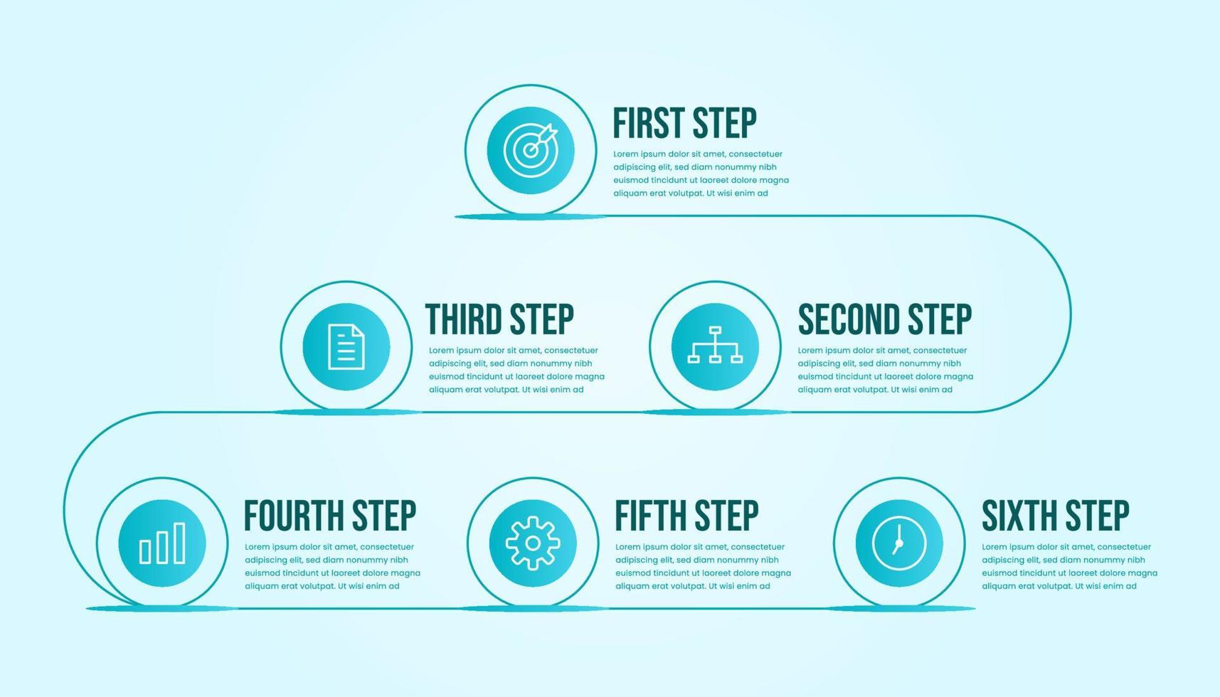 Business-Infografik sechs Schritte. Moderne Timeline-Infografik-Vorlage mit Tosca- oder Blau-Farbthema. vektor