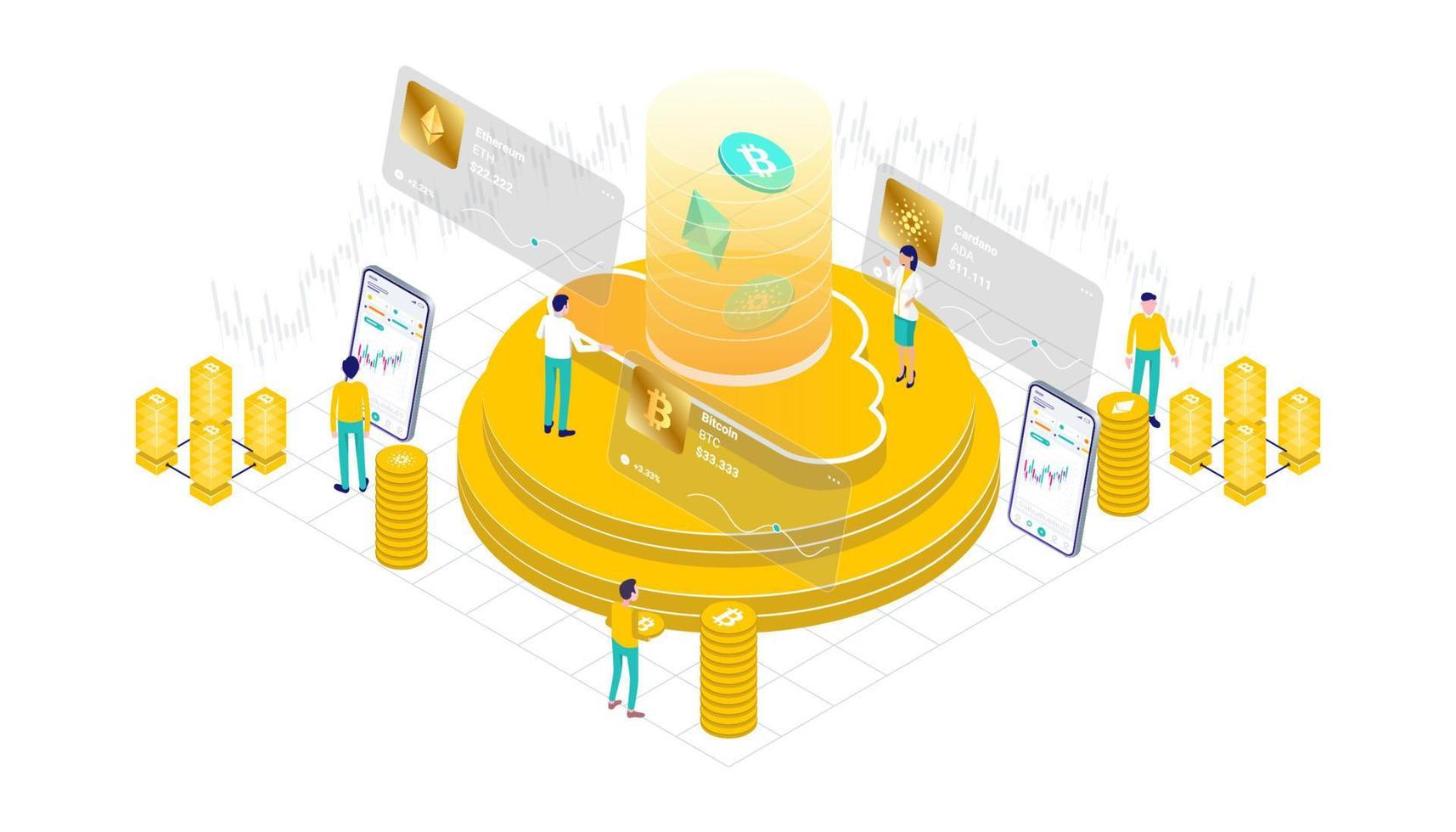 kryptowährung, bitcoin, ethereum, cardano, blockchain, bergbau, technologie, internet iot, sicherheit, isometrische 3d flache illustration vektordesign cpu computer. vektor