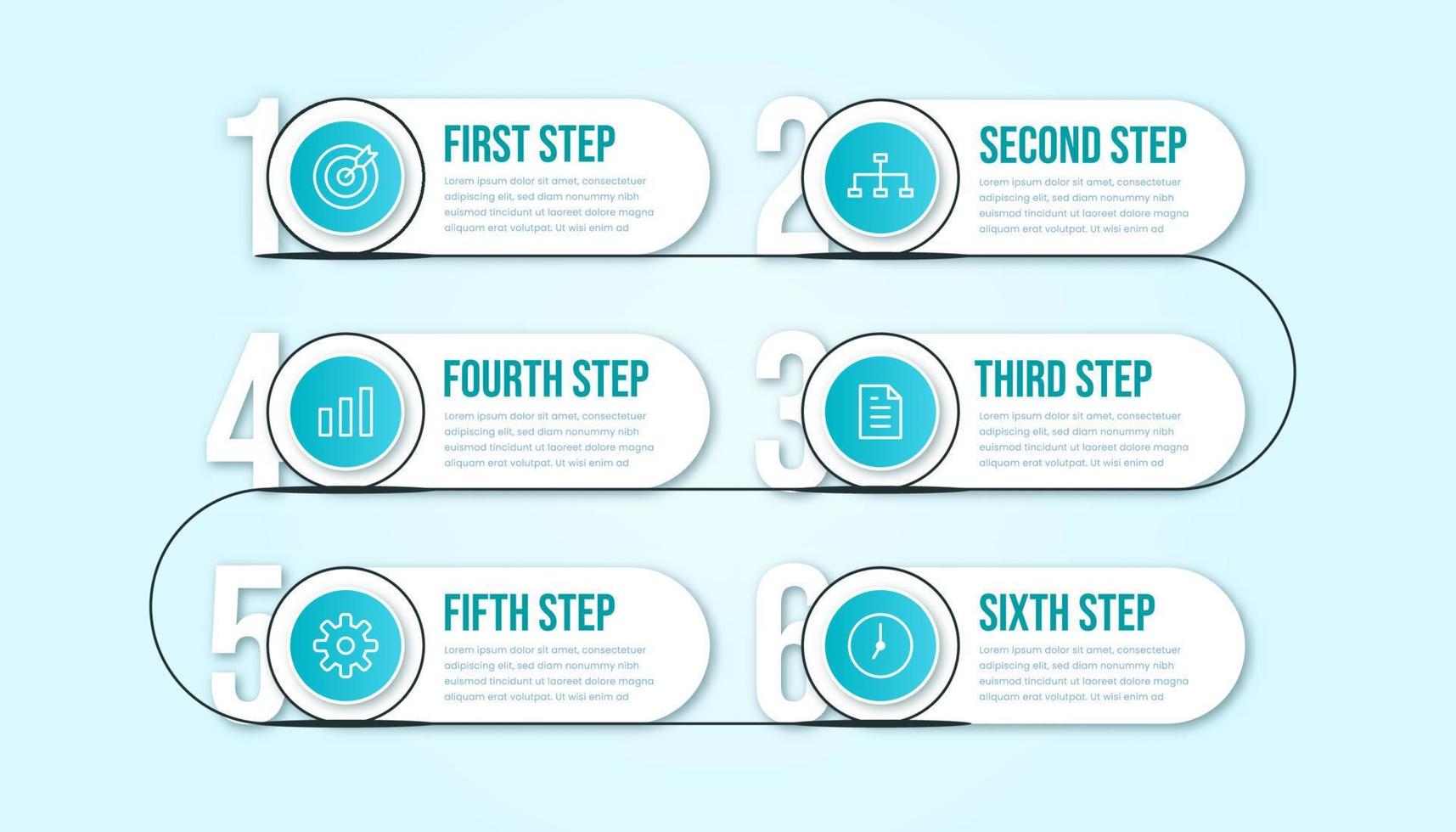 Business-Infografik sechs Schritte. Moderne Timeline-Infografik-Vorlage mit Tosca- oder Blau-Farbthema. vektor