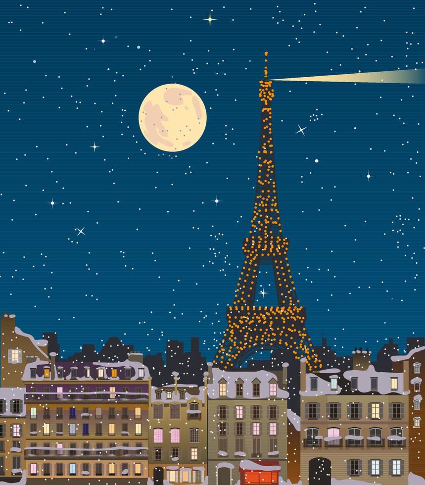 jul i paris, eiffel torn på full måne. vektor. vektor