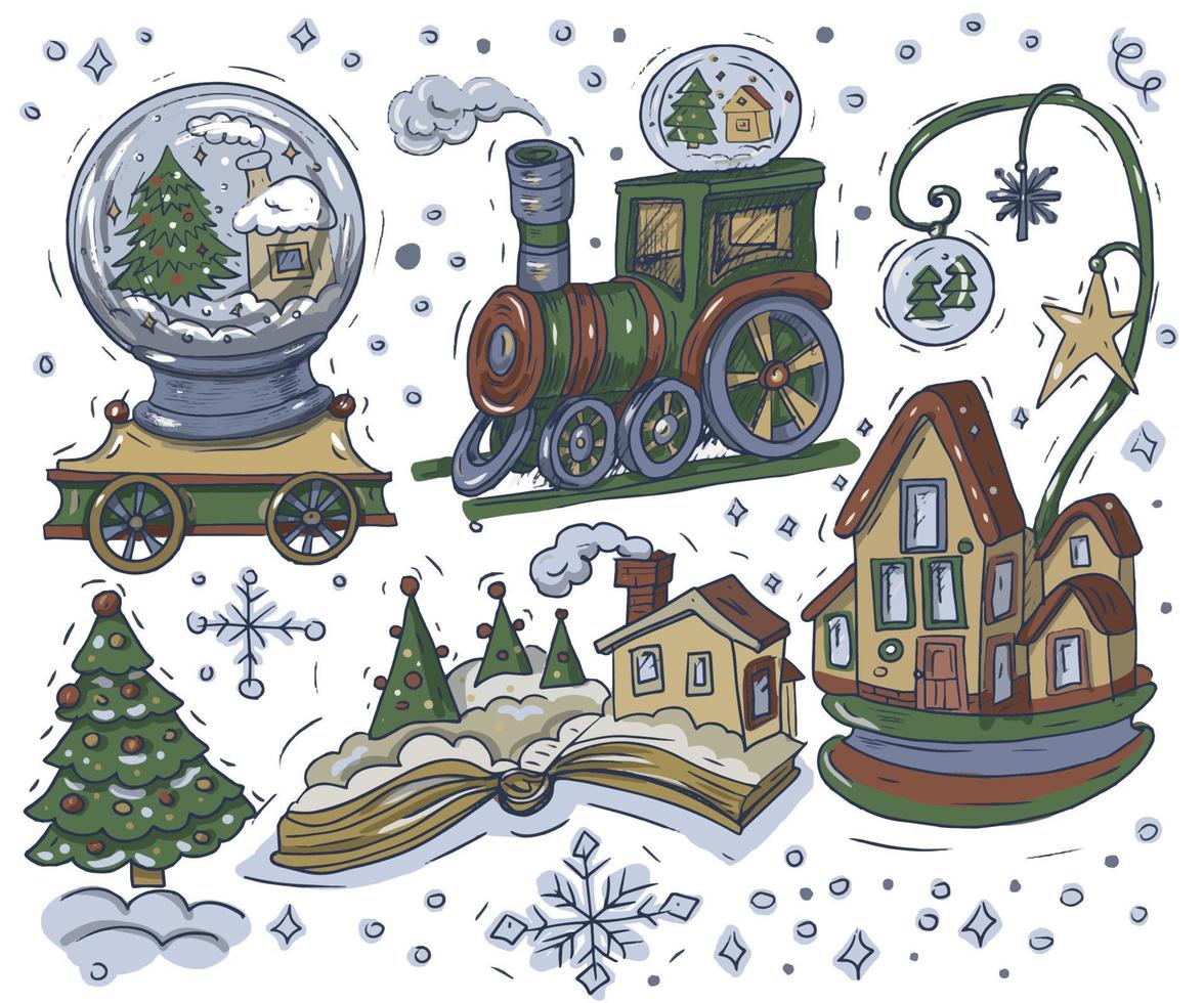 jul lokomotiv färg bok för barn Semester skiss klotter uppsättning av enskild element av leksaker för de Semester ny år dragen förbi hand vektor